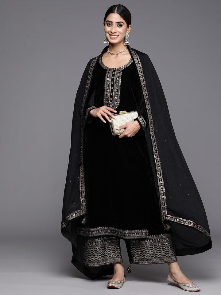 Black Yoke Design Velvet Straight Kurta With Palazzos & Dupatta - Libas