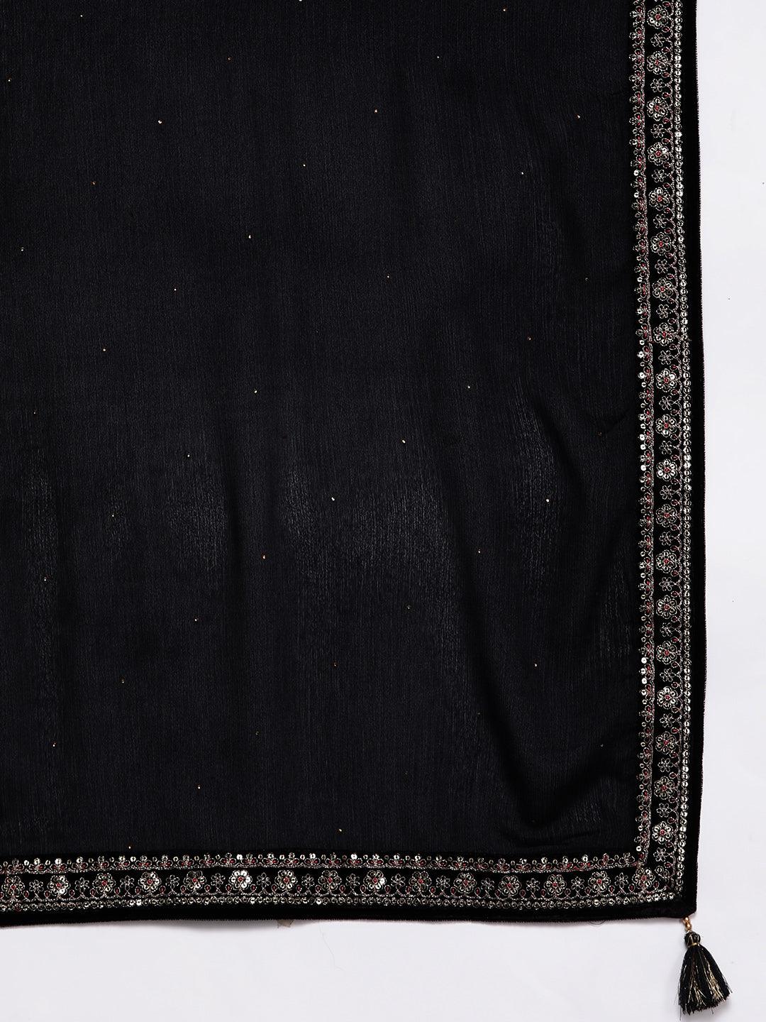 Black Yoke Design Velvet Straight Kurta With Palazzos & Dupatta - Libas