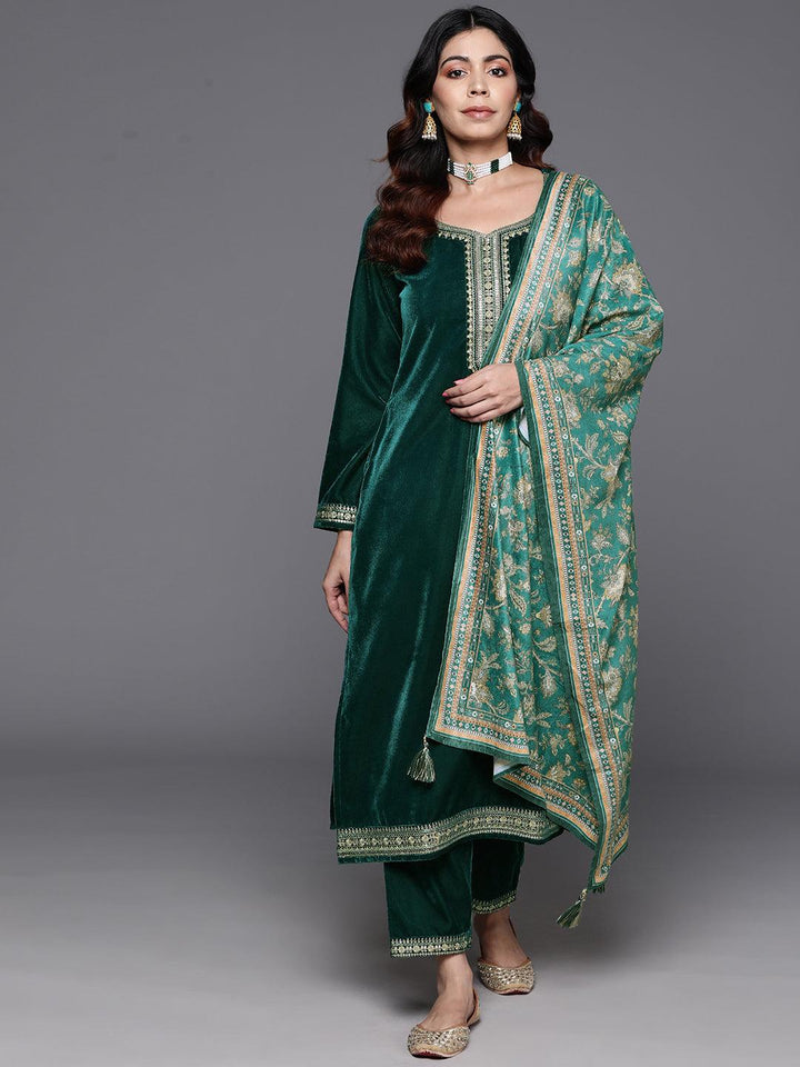 Green Yoke Design Velvet Straight Suit With Dupatta - Libas