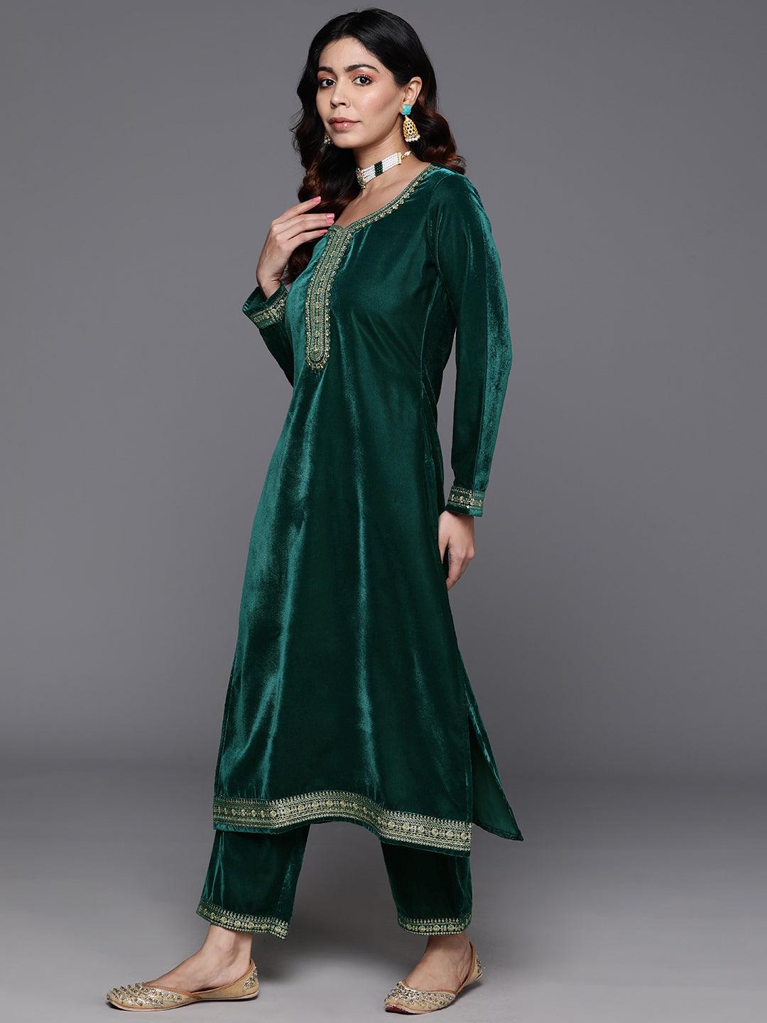 Green Yoke Design Velvet Straight Suit With Dupatta - Libas