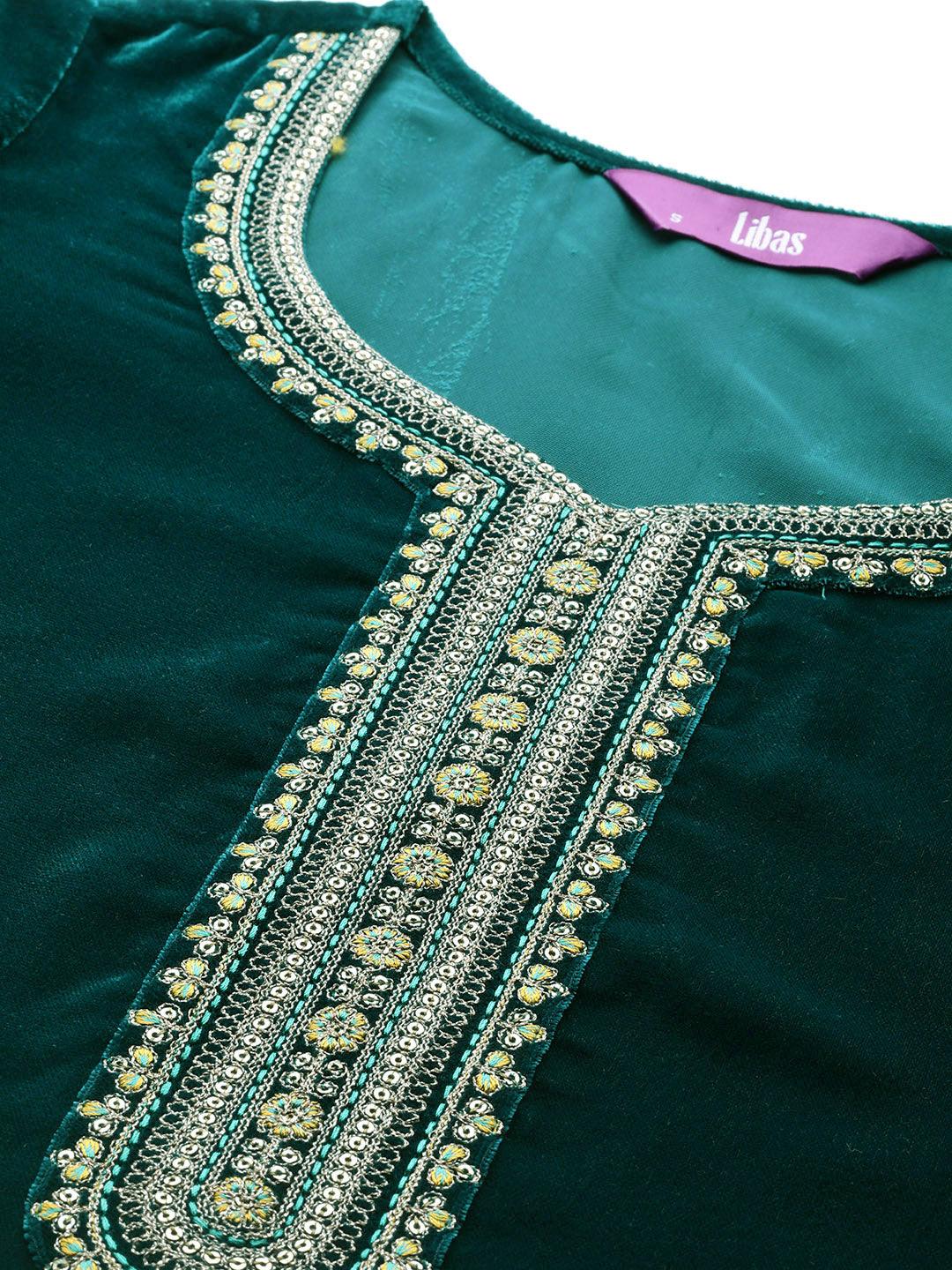 Green Yoke Design Velvet Straight Suit With Dupatta - Libas