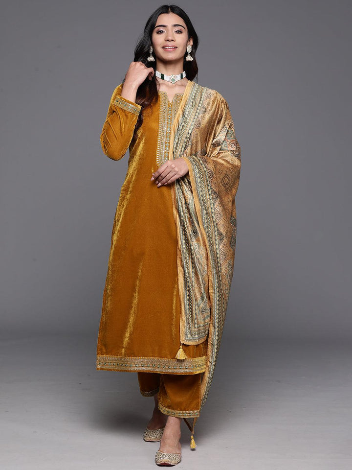 Mustard Yoke Design Velvet Straight Suit With Dupatta - Libas