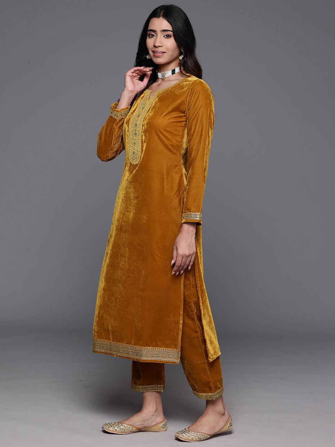 Mustard Yoke Design Velvet Straight Suit With Dupatta - Libas