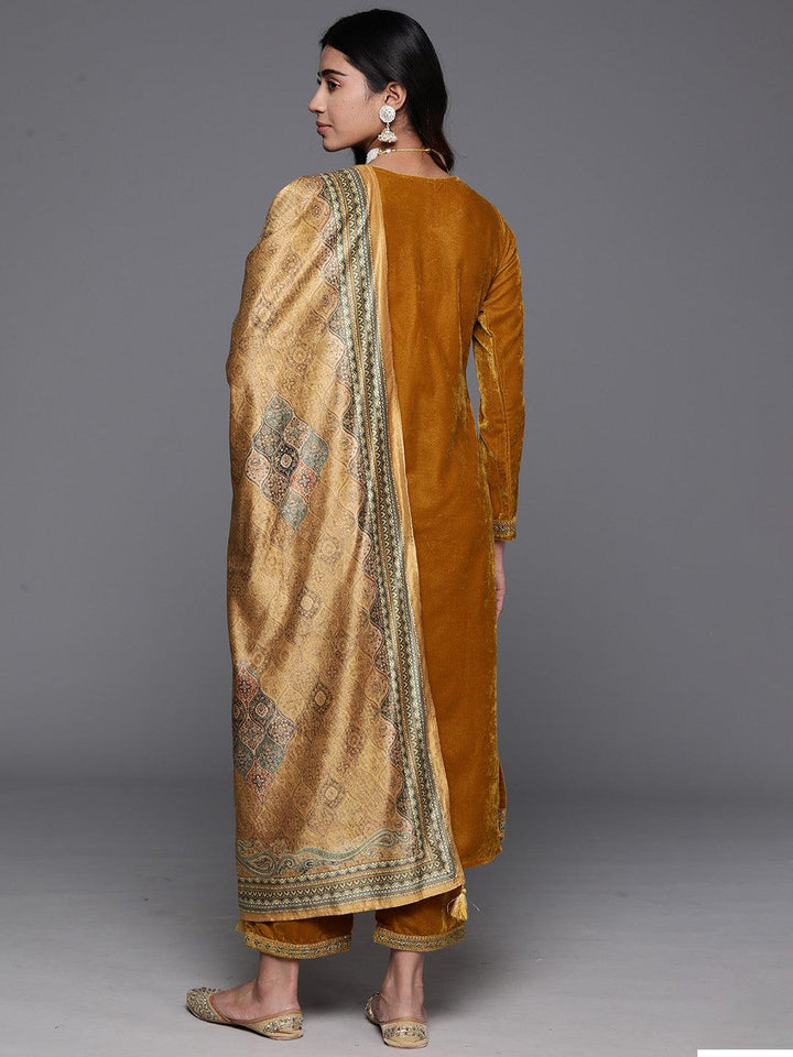 Mustard Yoke Design Velvet Straight Suit With Dupatta - Libas