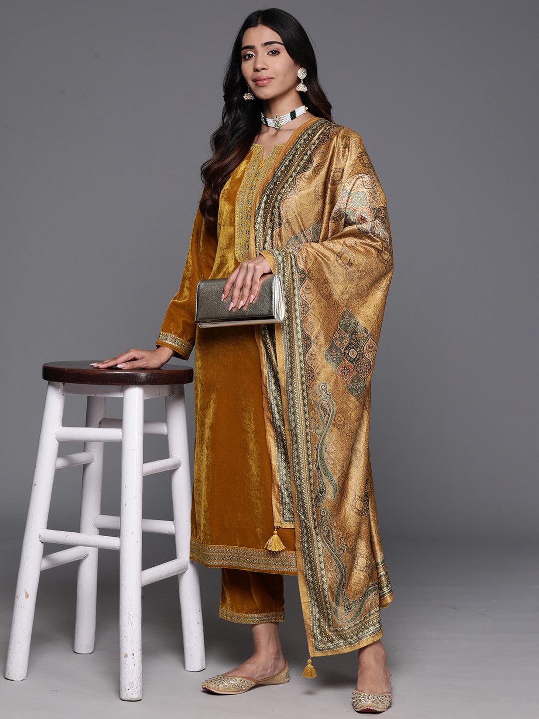 Mustard Yoke Design Velvet Straight Suit With Dupatta - Libas