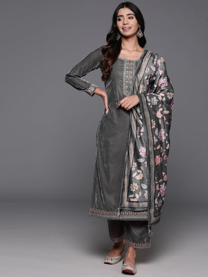 Grey Yoke Design Velvet Straight Suit With Dupatta - Libas