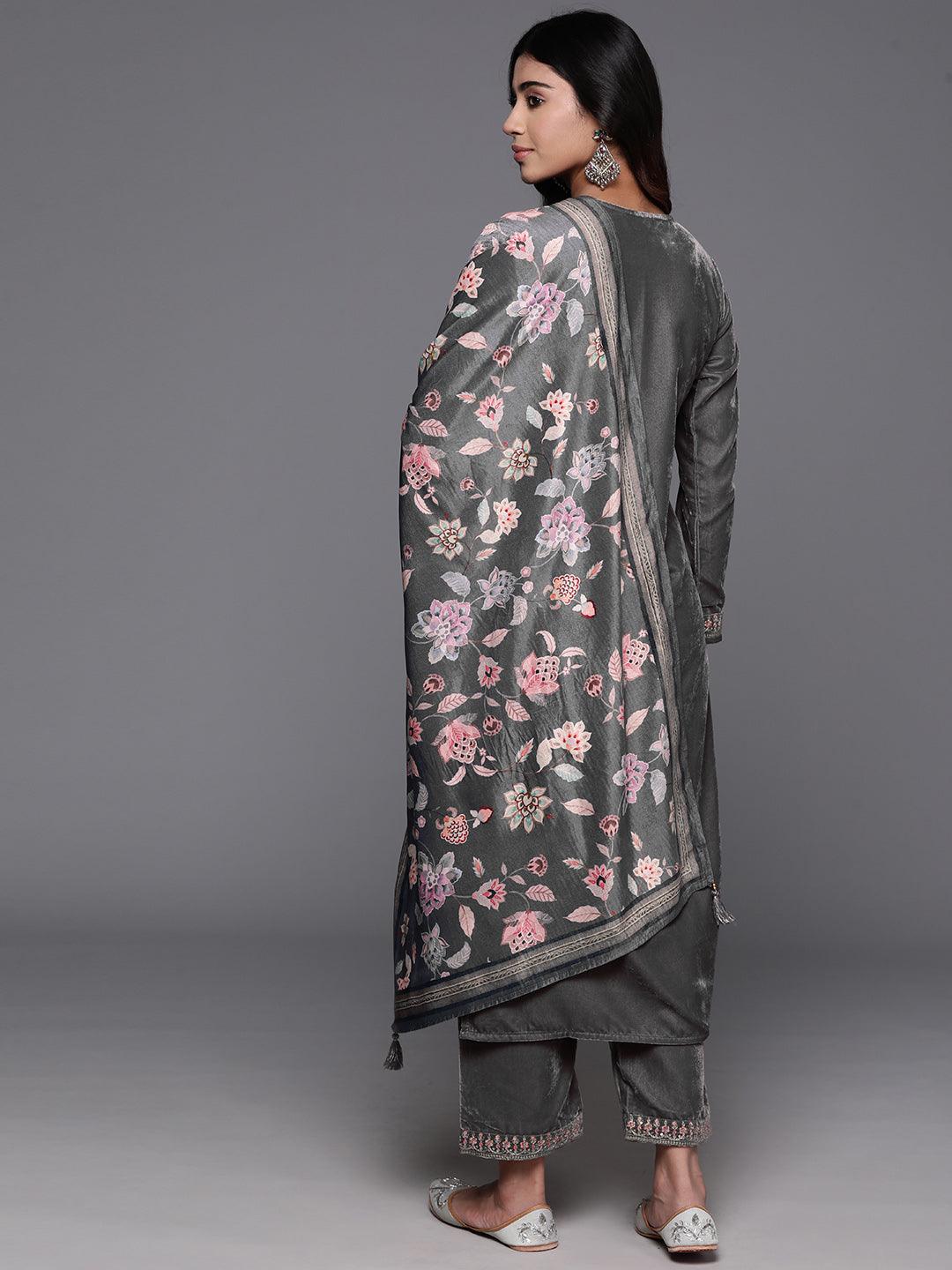 Grey Yoke Design Velvet Straight Suit With Dupatta - Libas