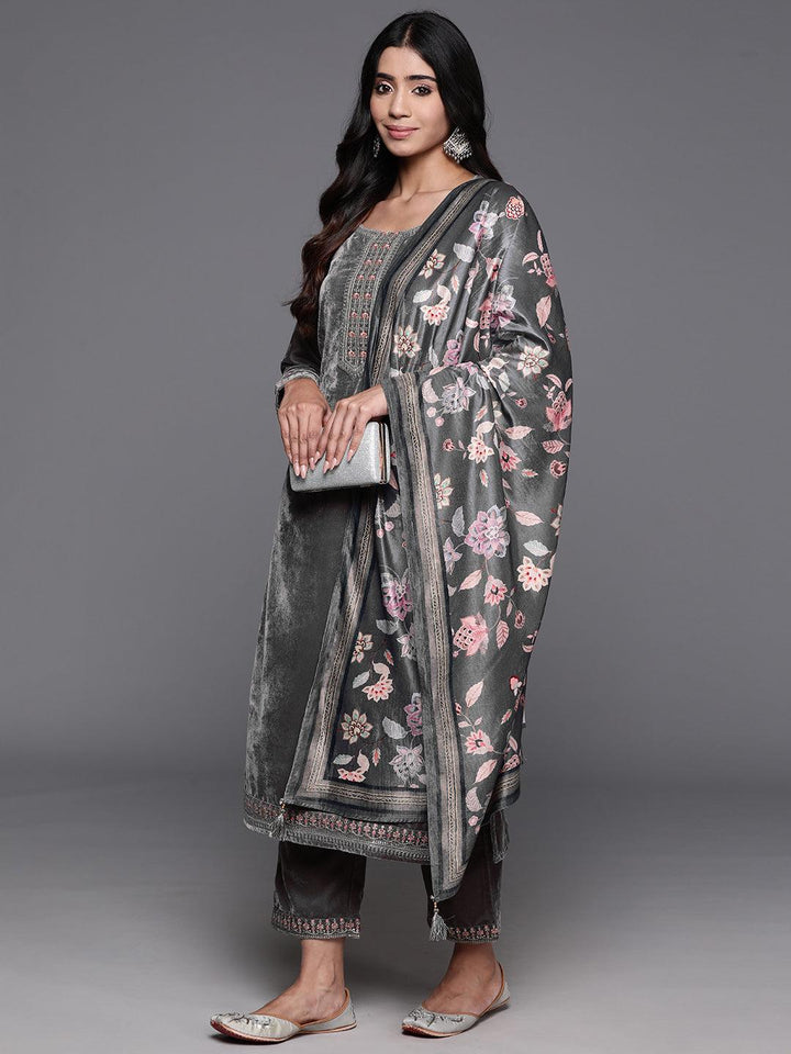 Grey Yoke Design Velvet Straight Suit With Dupatta - Libas