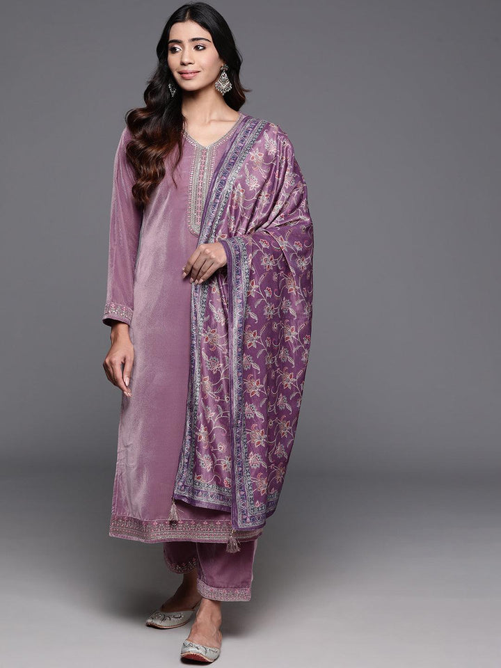 Mauve Yoke Design Velvet Straight Suit With Dupatta - Libas