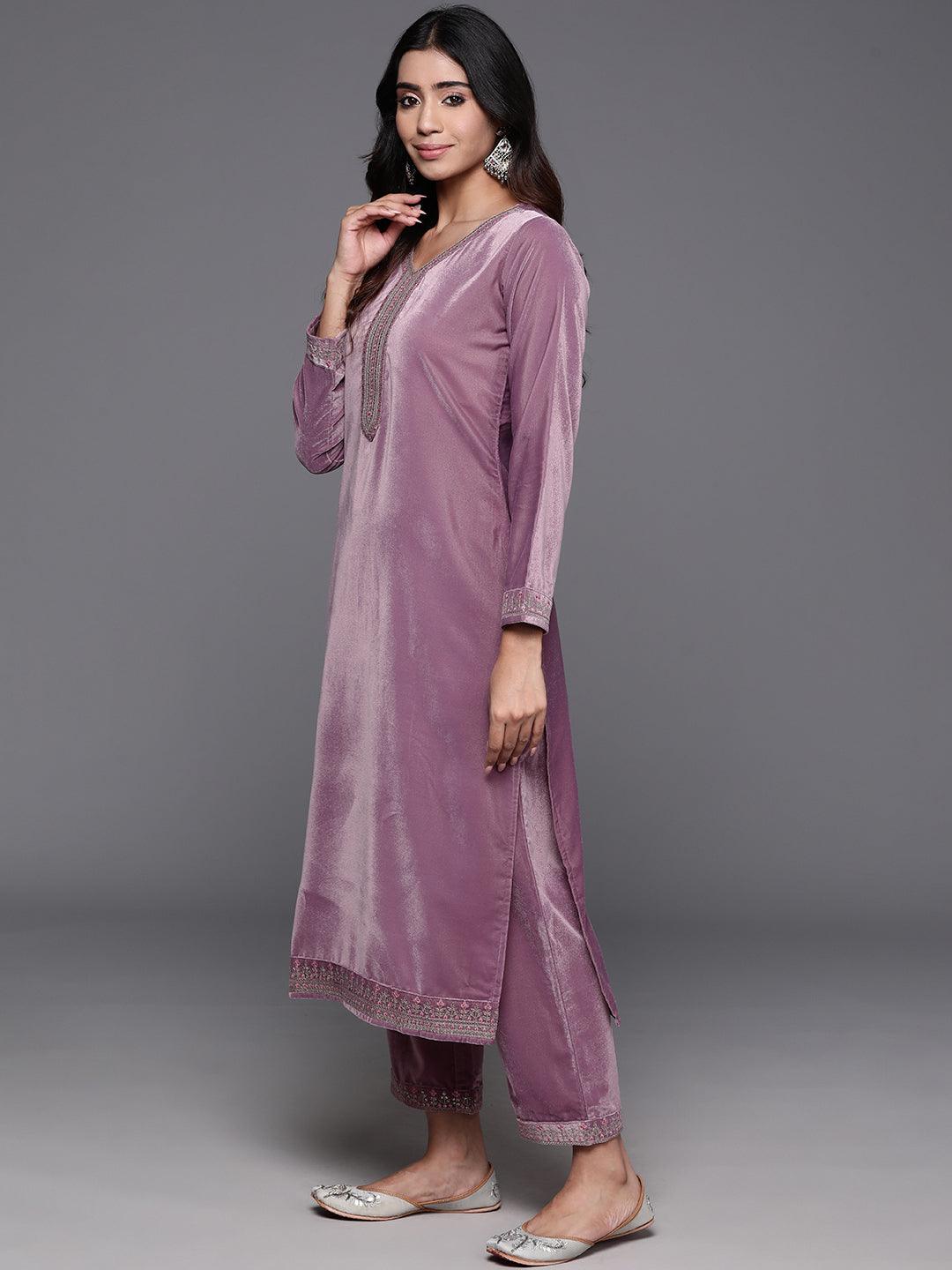 Mauve Yoke Design Velvet Straight Suit With Dupatta - Libas