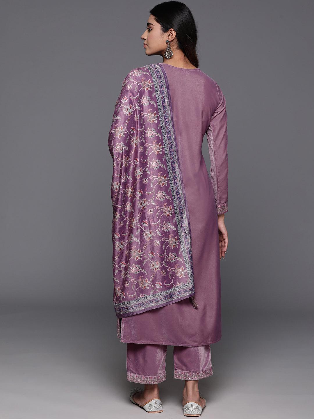 Mauve Yoke Design Velvet Straight Suit With Dupatta - Libas