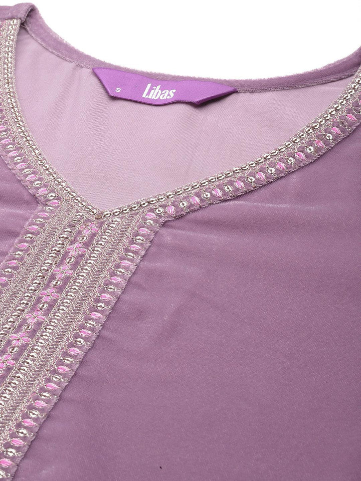 Mauve Yoke Design Velvet Straight Suit With Dupatta - Libas