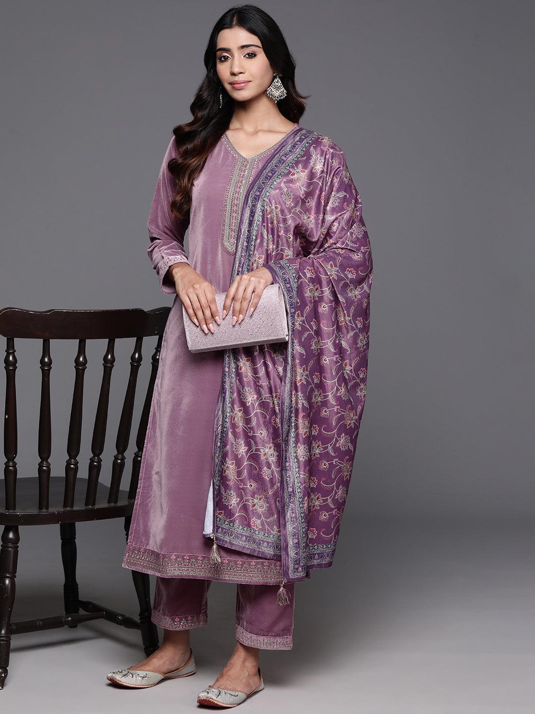 Mauve Yoke Design Velvet Straight Suit With Dupatta - Libas