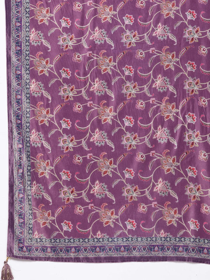 Mauve Yoke Design Velvet Straight Suit With Dupatta - Libas