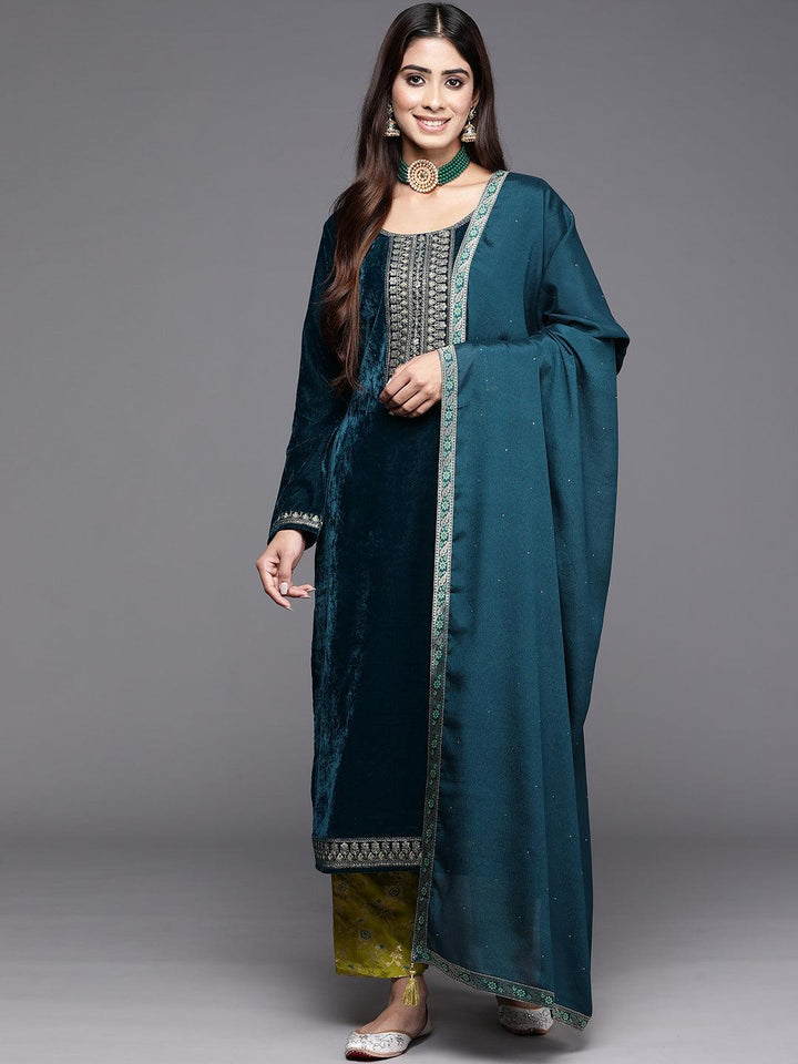 Rama Green Yoke Design Velvet Straight Kurta With Trousers & Dupatta - Libas