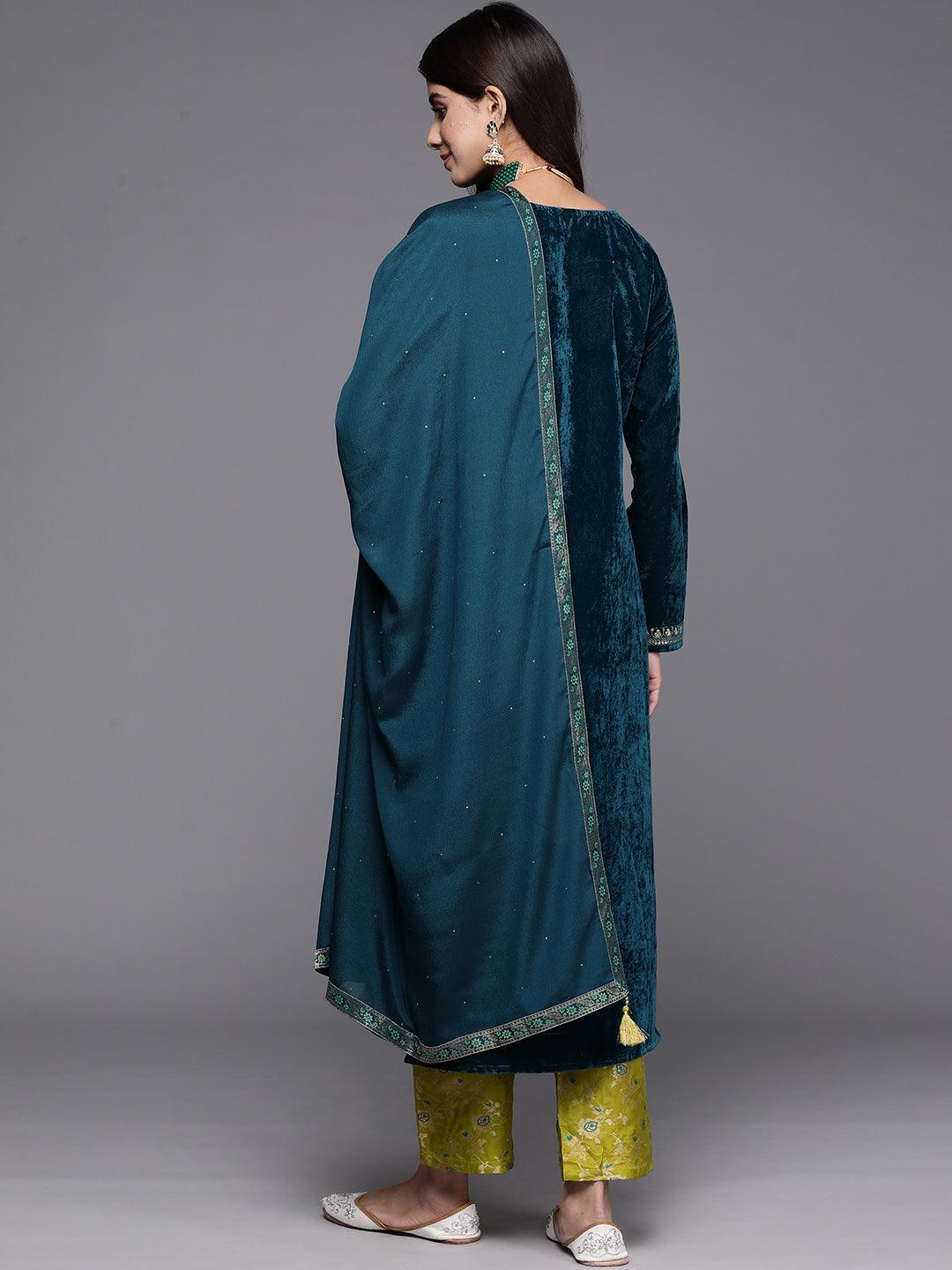 Rama Green Yoke Design Velvet Straight Kurta With Trousers & Dupatta - Libas 