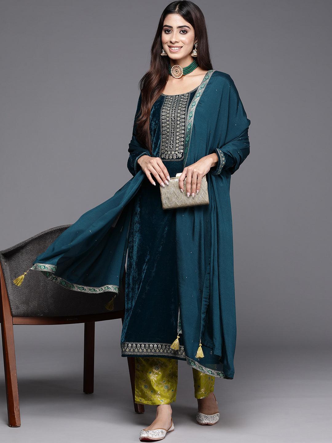 Rama Green Yoke Design Velvet Straight Kurta With Trousers & Dupatta - Libas 