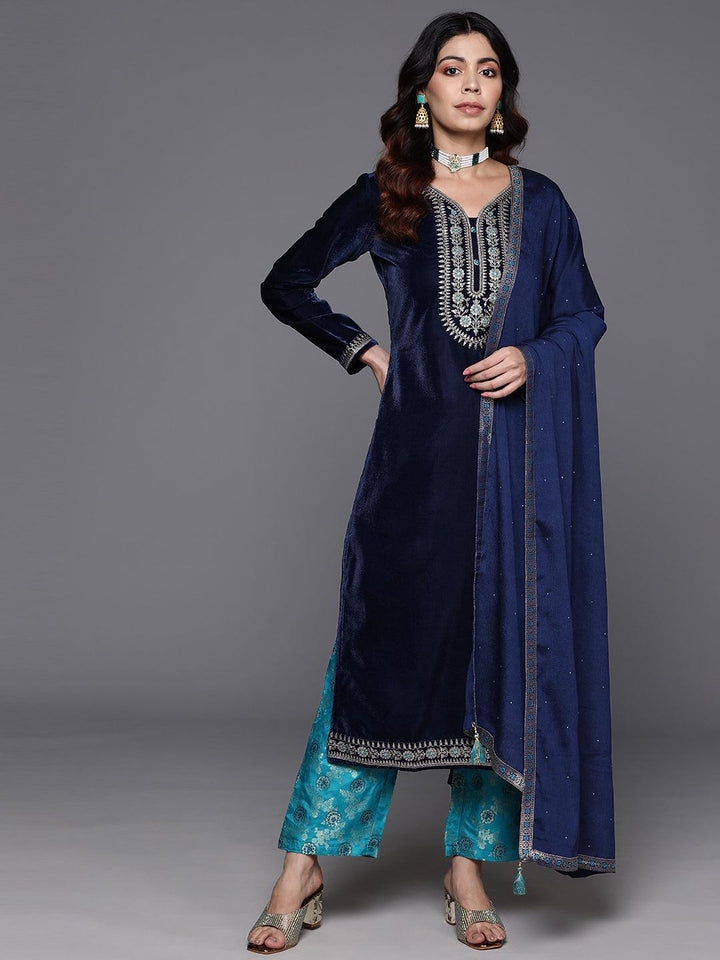 Navy Blue Yoke Design Velvet Straight Suit With Dupatta - Libas