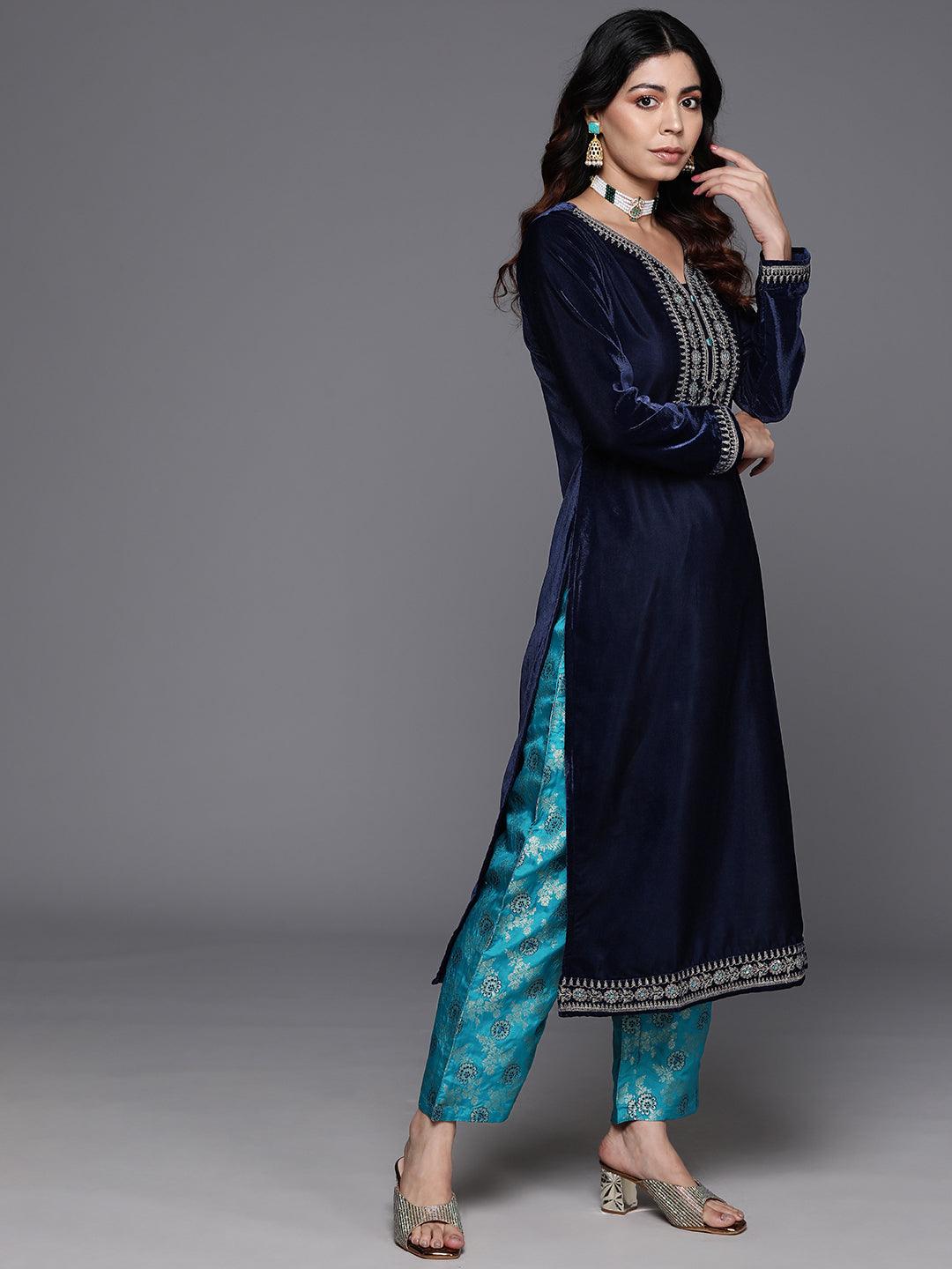 Navy Blue Yoke Design Velvet Straight Suit With Dupatta - Libas