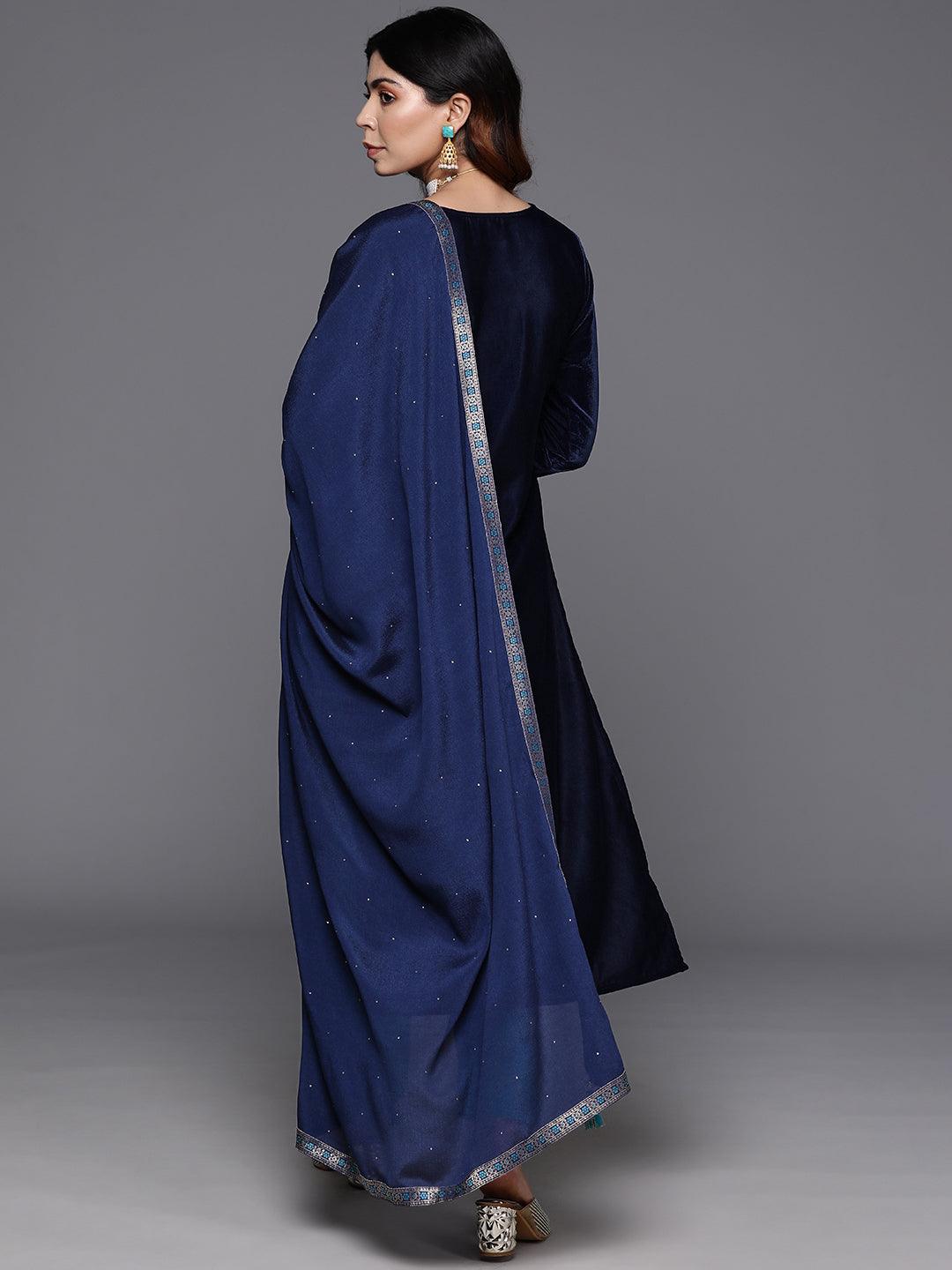 Navy Blue Yoke Design Velvet Straight Suit With Dupatta - Libas