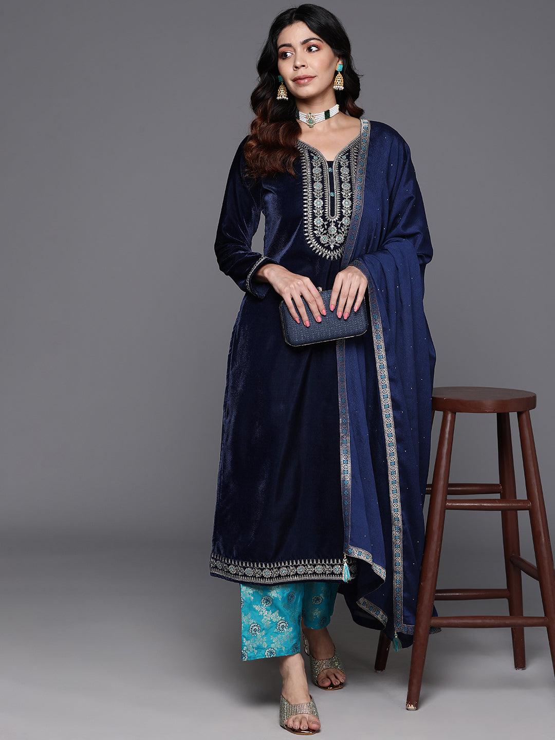 Navy Blue Yoke Design Velvet Straight Suit With Dupatta - Libas