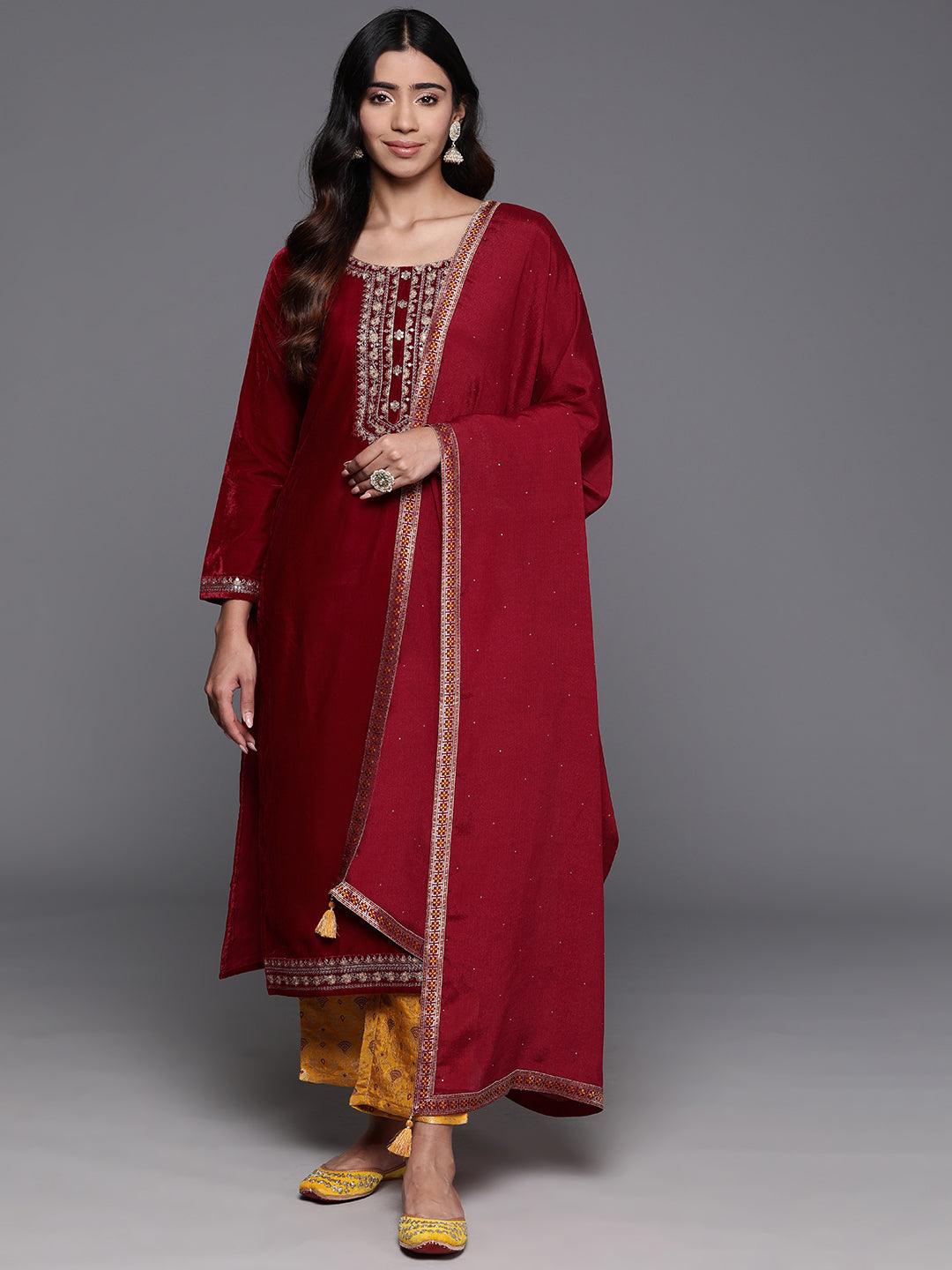 Maroon Yoke Design Velvet Straight Suit With Dupatta - Libas 