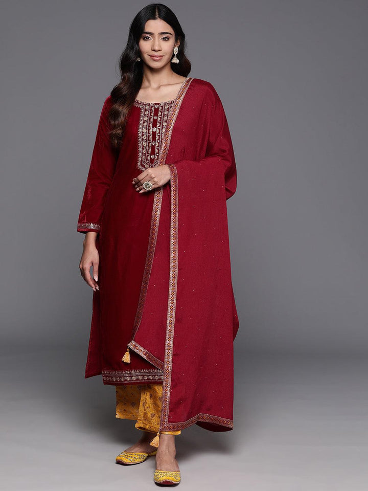 Maroon Yoke Design Velvet Straight Suit With Dupatta - Libas