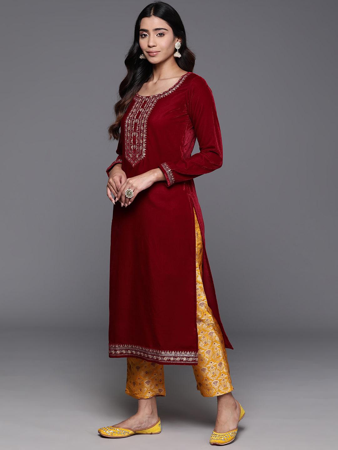 Maroon Yoke Design Velvet Straight Suit With Dupatta - Libas 