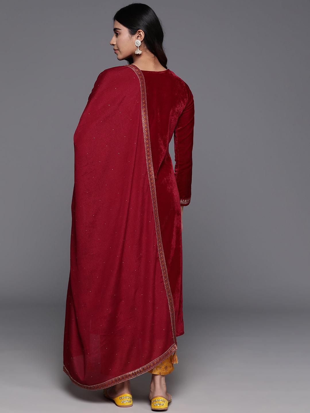 Maroon Yoke Design Velvet Straight Suit With Dupatta - Libas 