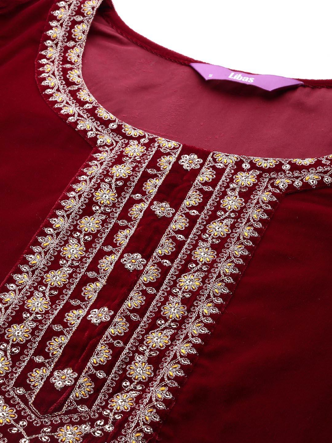 Maroon Yoke Design Velvet Straight Suit With Dupatta - Libas 