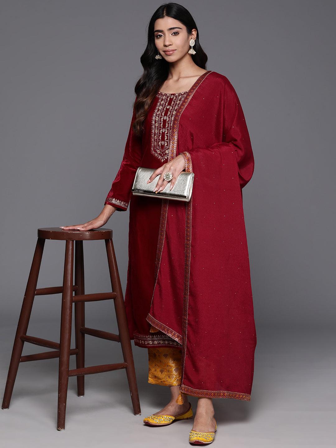 Maroon Yoke Design Velvet Straight Suit With Dupatta - Libas 