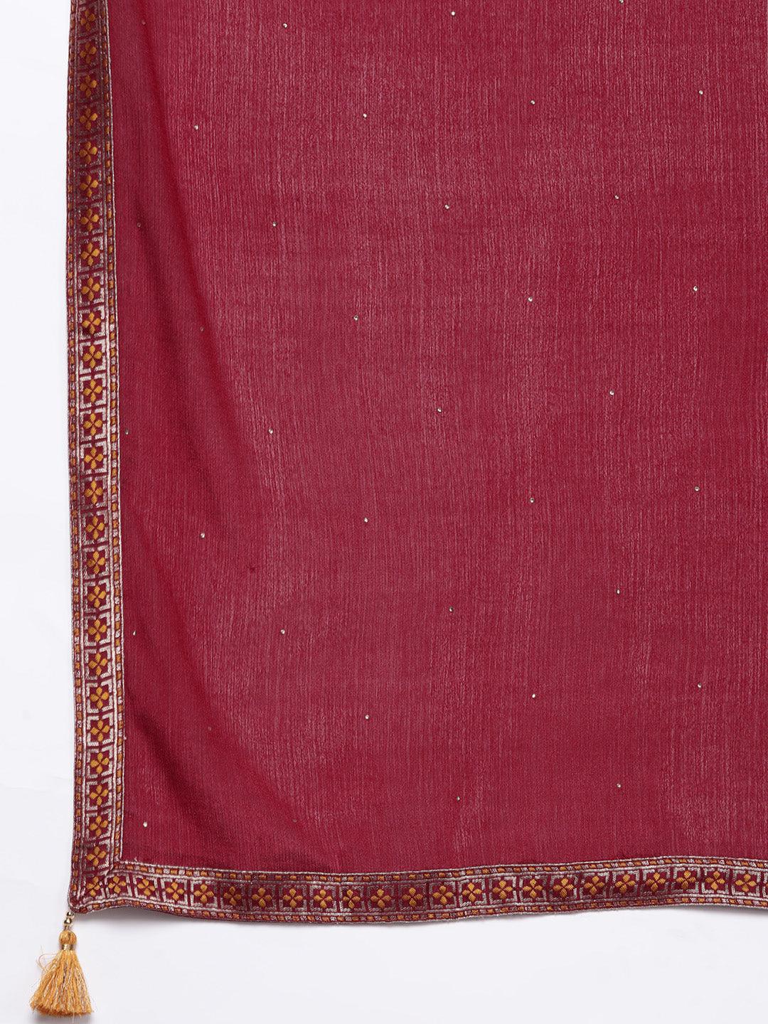 Maroon Yoke Design Velvet Straight Suit With Dupatta - Libas