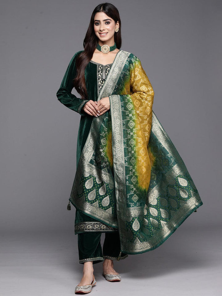 Bottle Green Yoke Design Velvet Straight Kurta With Trousers & Dupatta - Libas