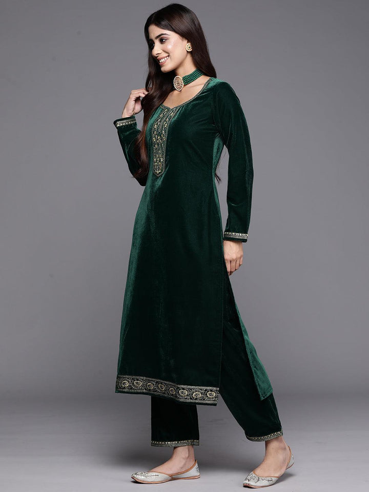 Bottle Green Yoke Design Velvet Straight Kurta With Trousers & Dupatta - Libas