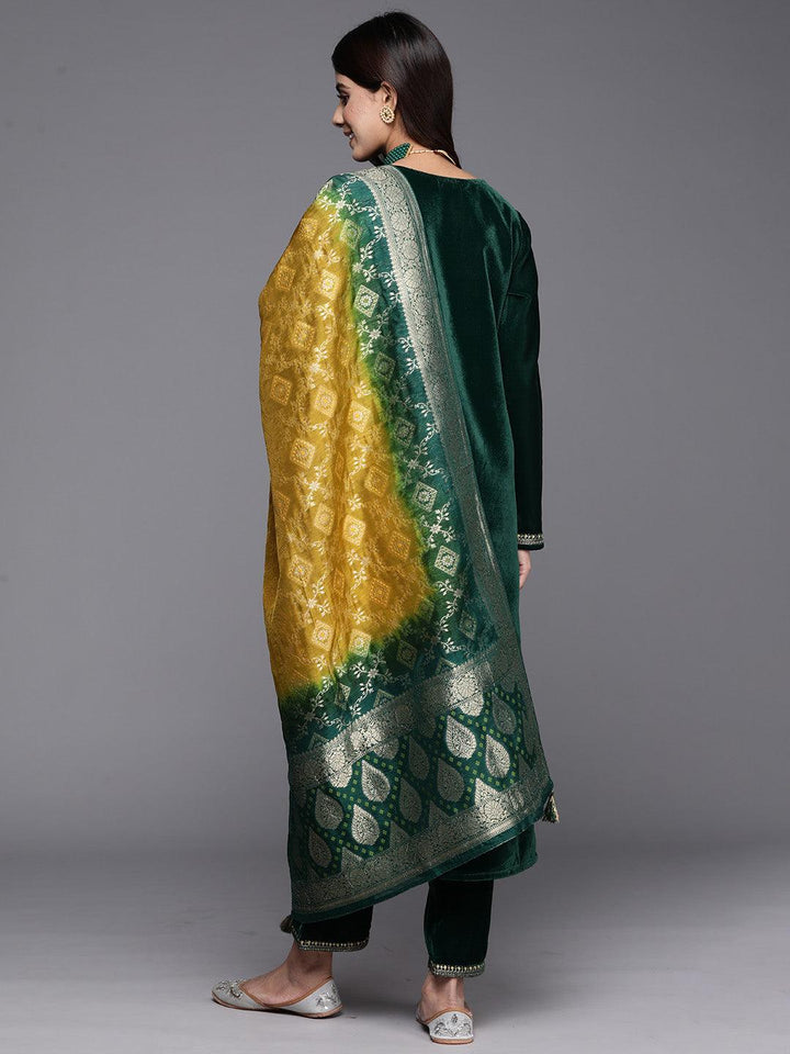 Bottle Green Yoke Design Velvet Straight Kurta With Trousers & Dupatta - Libas