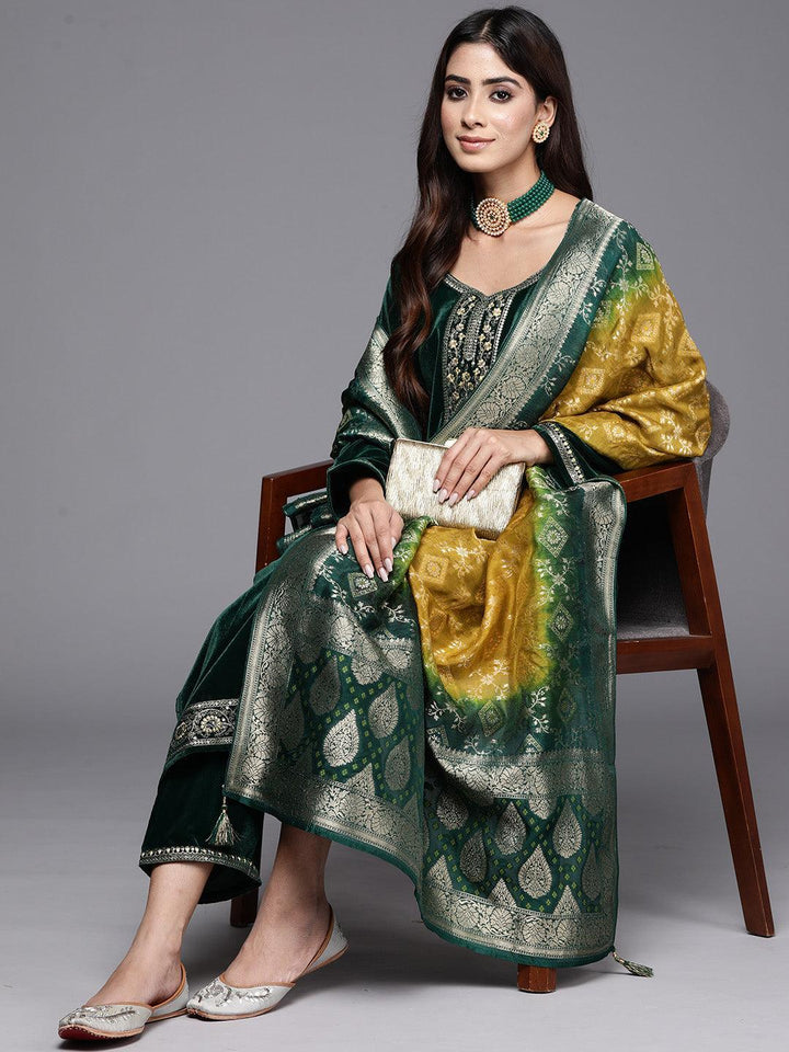 Bottle Green Yoke Design Velvet Straight Kurta With Trousers & Dupatta - Libas