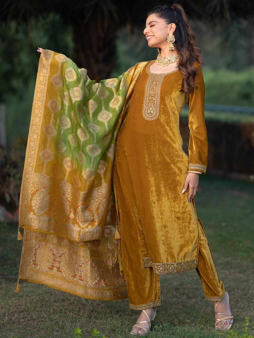 Mustard Yoke Design Velvet Straight Kurta With Trousers & Dupatta - Libas 