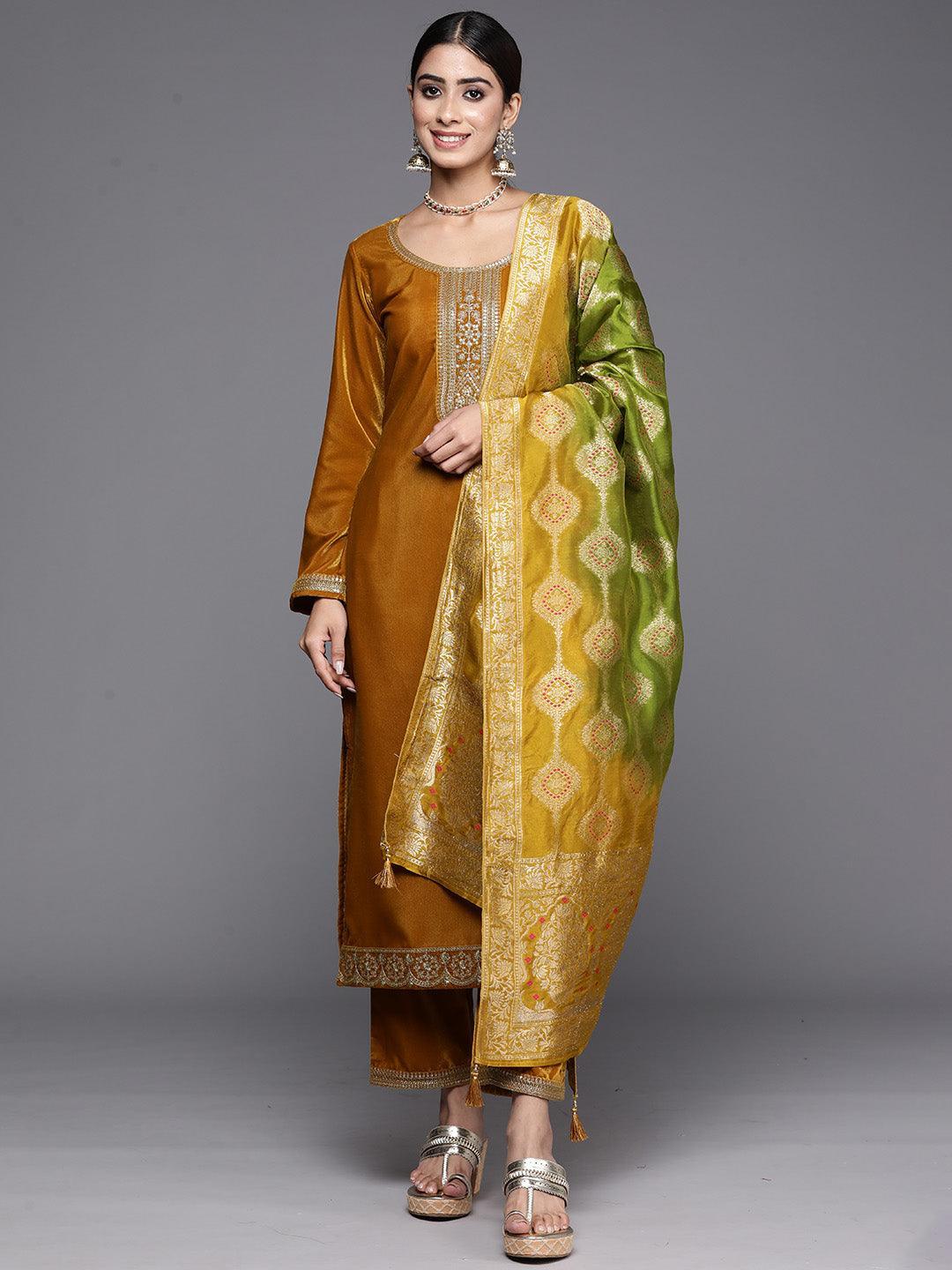 Mustard Yoke Design Velvet Straight Kurta With Trousers & Dupatta - Libas 