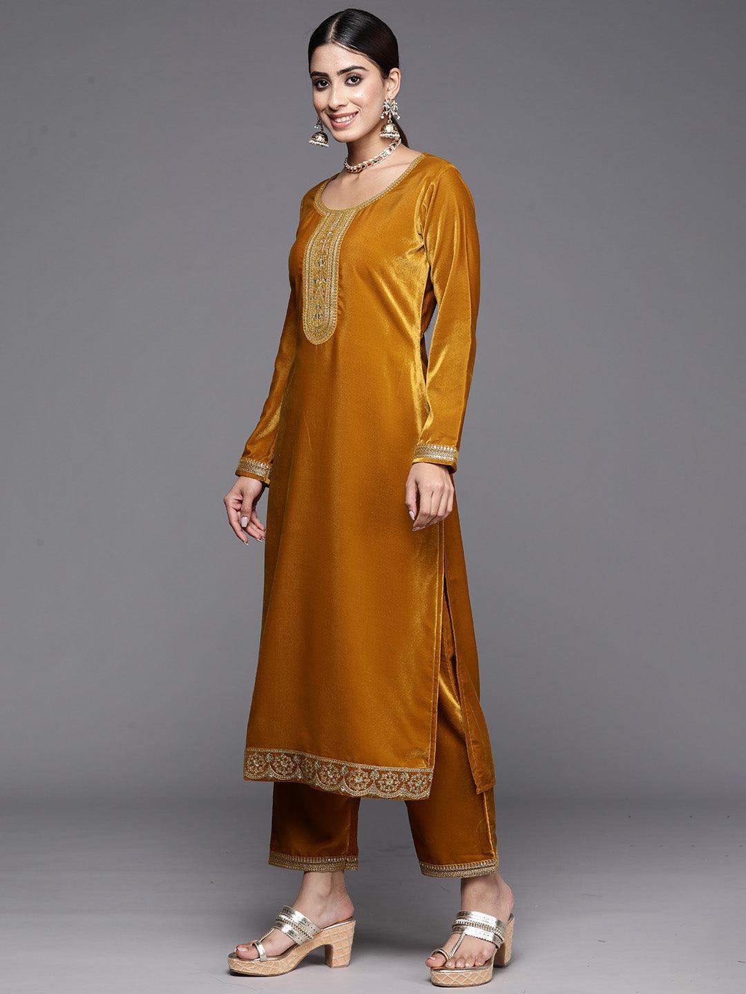 Mustard Yoke Design Velvet Straight Kurta With Trousers & Dupatta - Libas