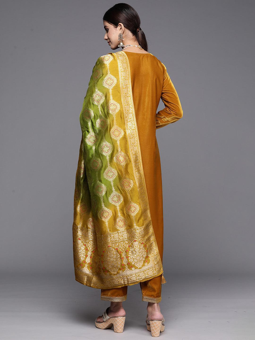 Mustard Yoke Design Velvet Straight Kurta With Trousers & Dupatta - Libas 