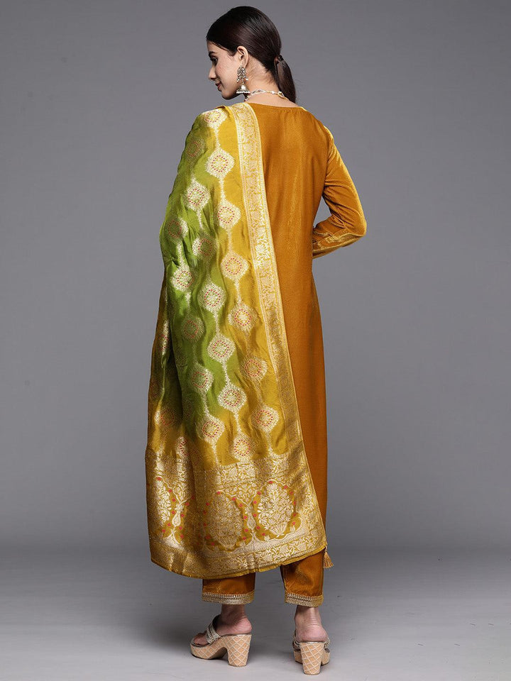 Mustard Yoke Design Velvet Straight Kurta With Trousers & Dupatta - Libas