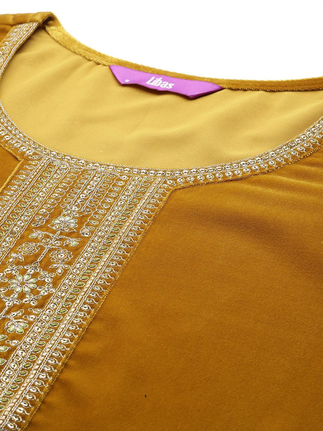 Mustard Yoke Design Velvet Straight Kurta With Trousers & Dupatta - Libas