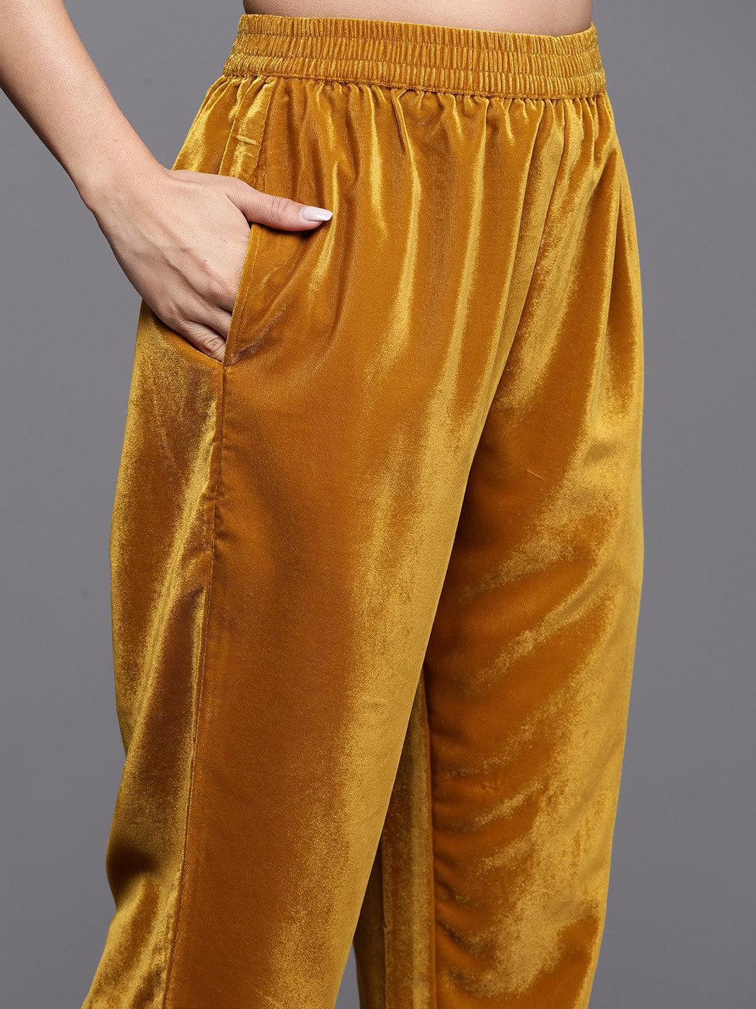 Mustard Yoke Design Velvet Straight Kurta With Trousers & Dupatta - Libas