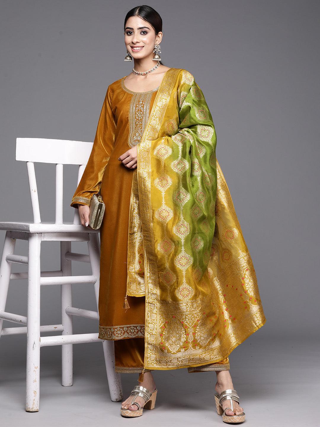 Mustard Yoke Design Velvet Straight Kurta With Trousers & Dupatta - Libas 