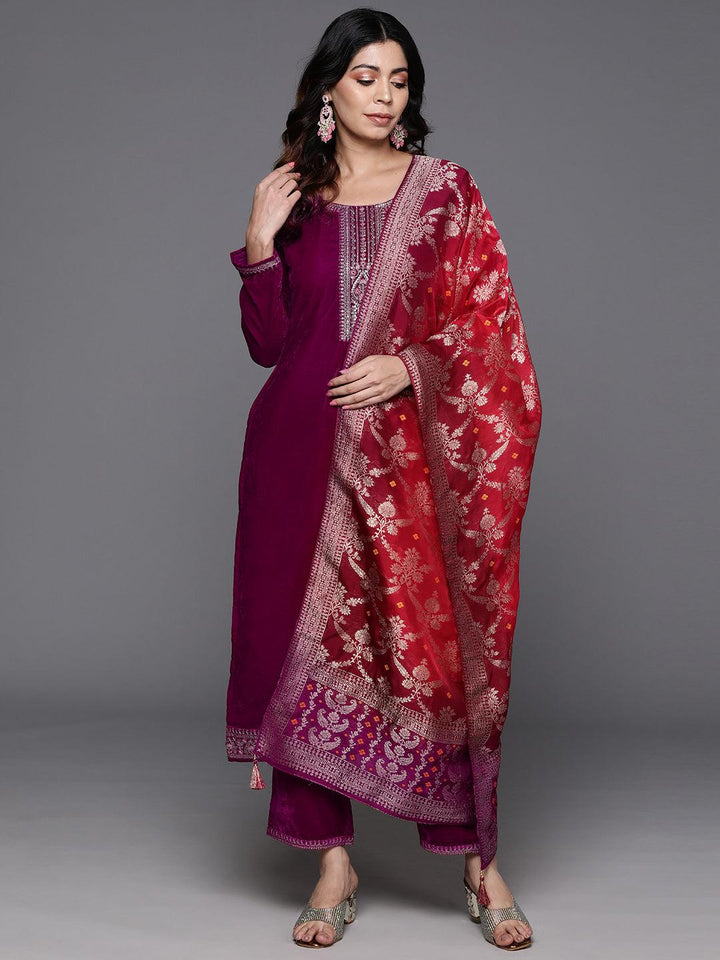 Fuchsia Yoke Design Velvet Straight Kurta With Trousers & Dupatta - Libas