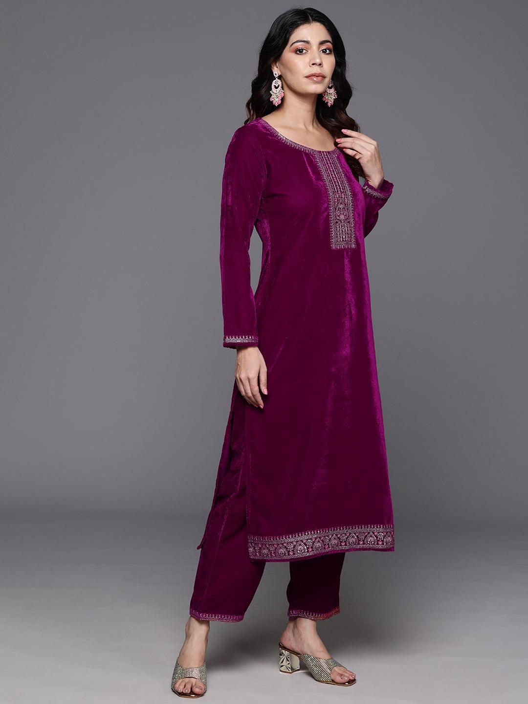 Fuchsia Yoke Design Velvet Straight Kurta With Trousers & Dupatta - Libas