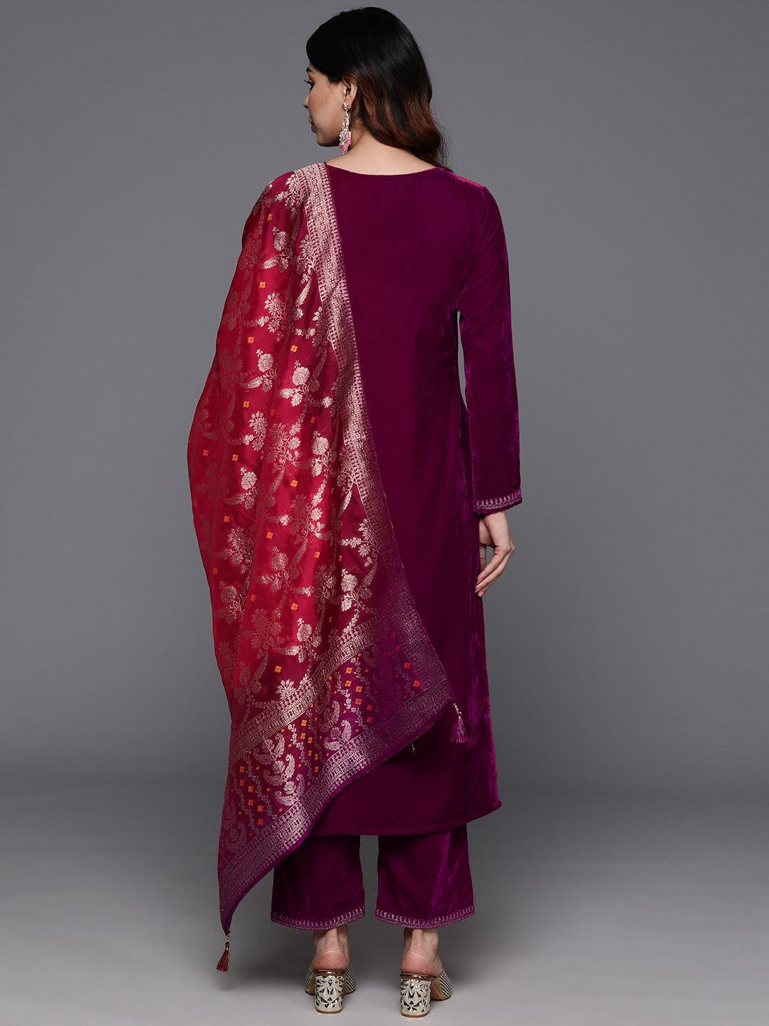 Fuchsia Yoke Design Velvet Straight Kurta With Trousers & Dupatta - Libas