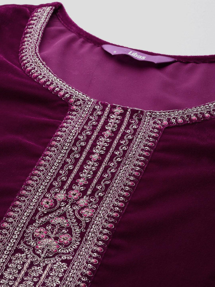 Fuchsia Yoke Design Velvet Straight Kurta With Trousers & Dupatta - Libas