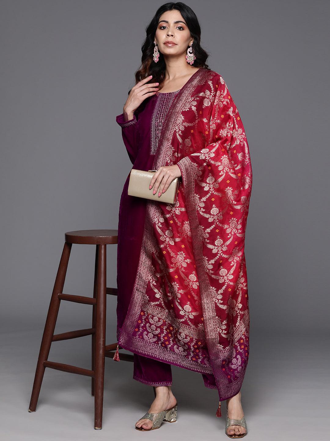 Fuchsia Yoke Design Velvet Straight Kurta With Trousers & Dupatta - Libas