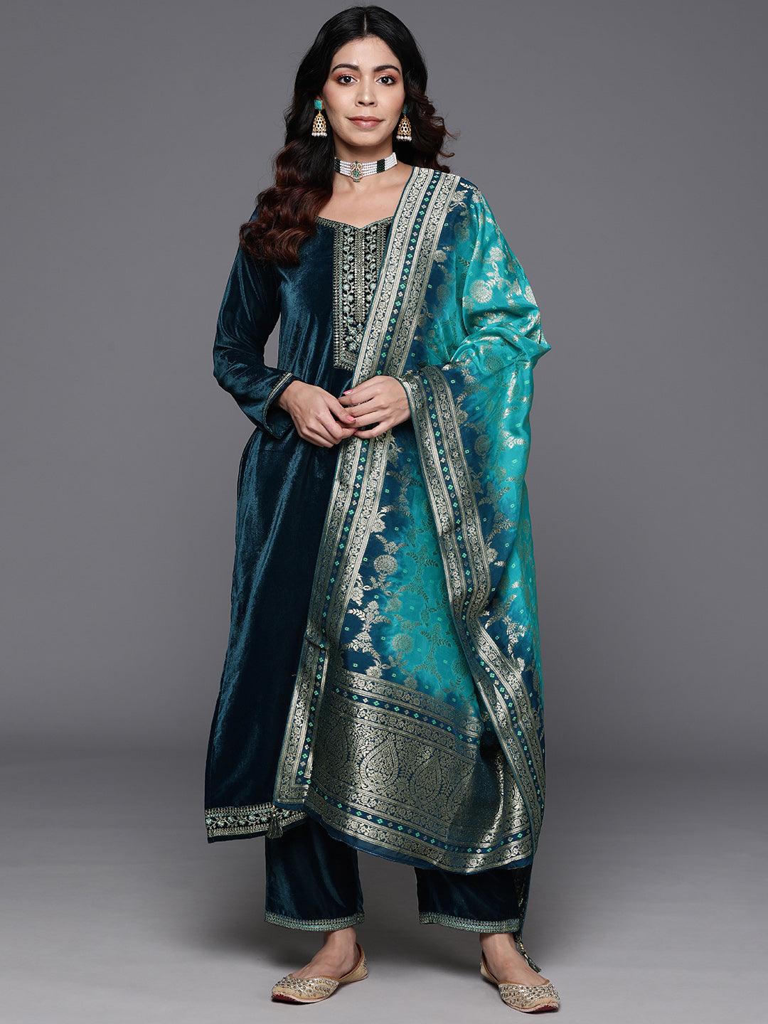 Teal Yoke Design Velvet Straight Suit With Dupatta - Libas